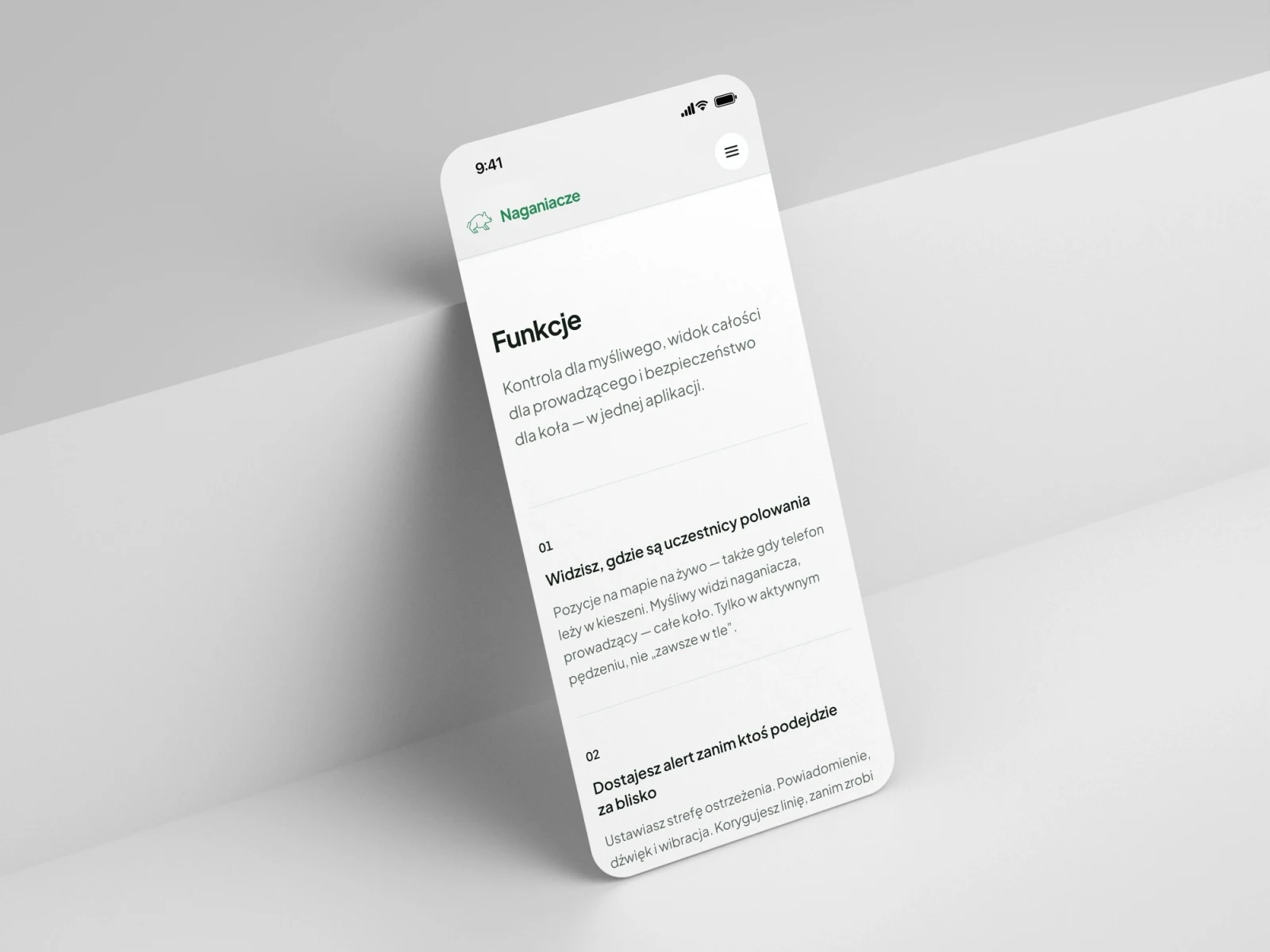 Sekcja „Funkcje” na mobilnej wersji strony naganiacze.app: numerowana lista korzyści