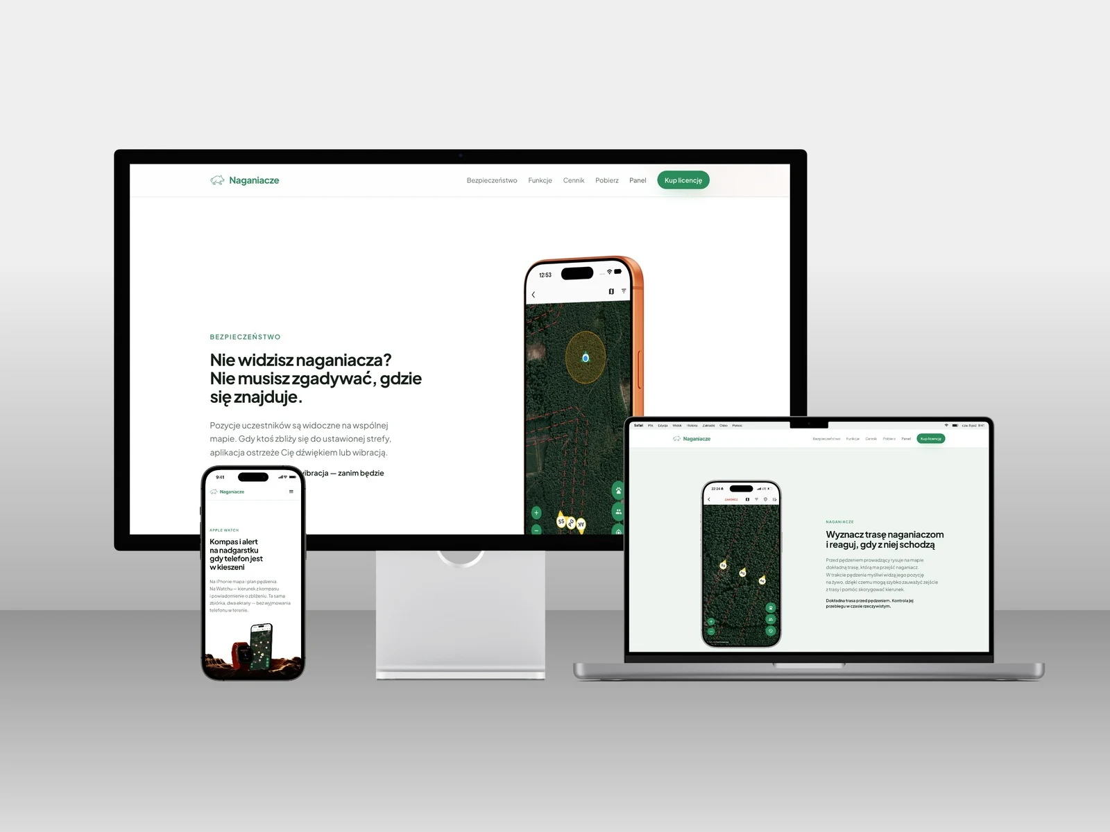 Strona naganiacze.app na iMacu, MacBooku i iPhonie: responsywny układ sekcji o bezpieczeństwie i trasach