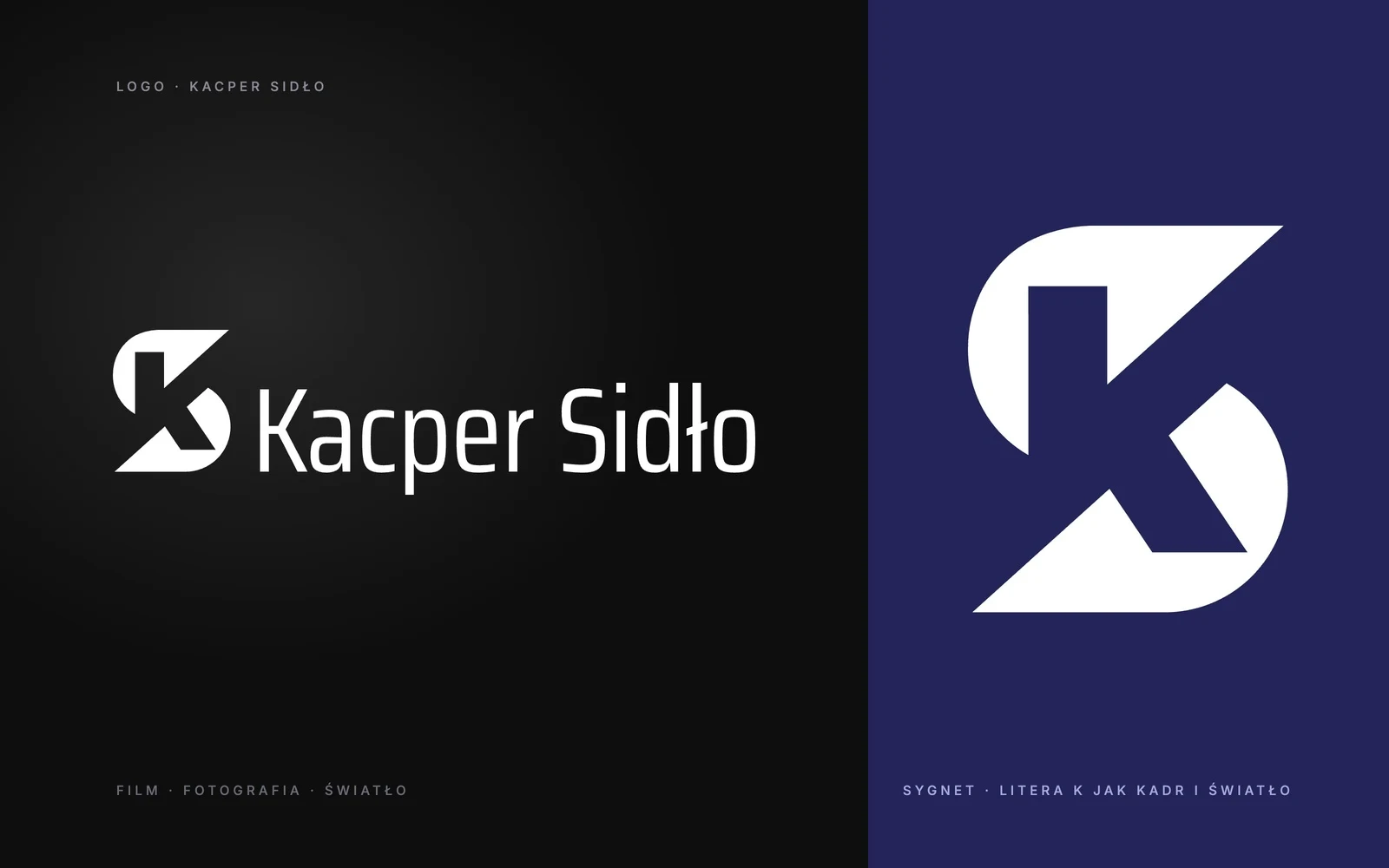 Kacper Sidło — logo con sigillo K su sfondo nero e il solo sigillo su blu notte