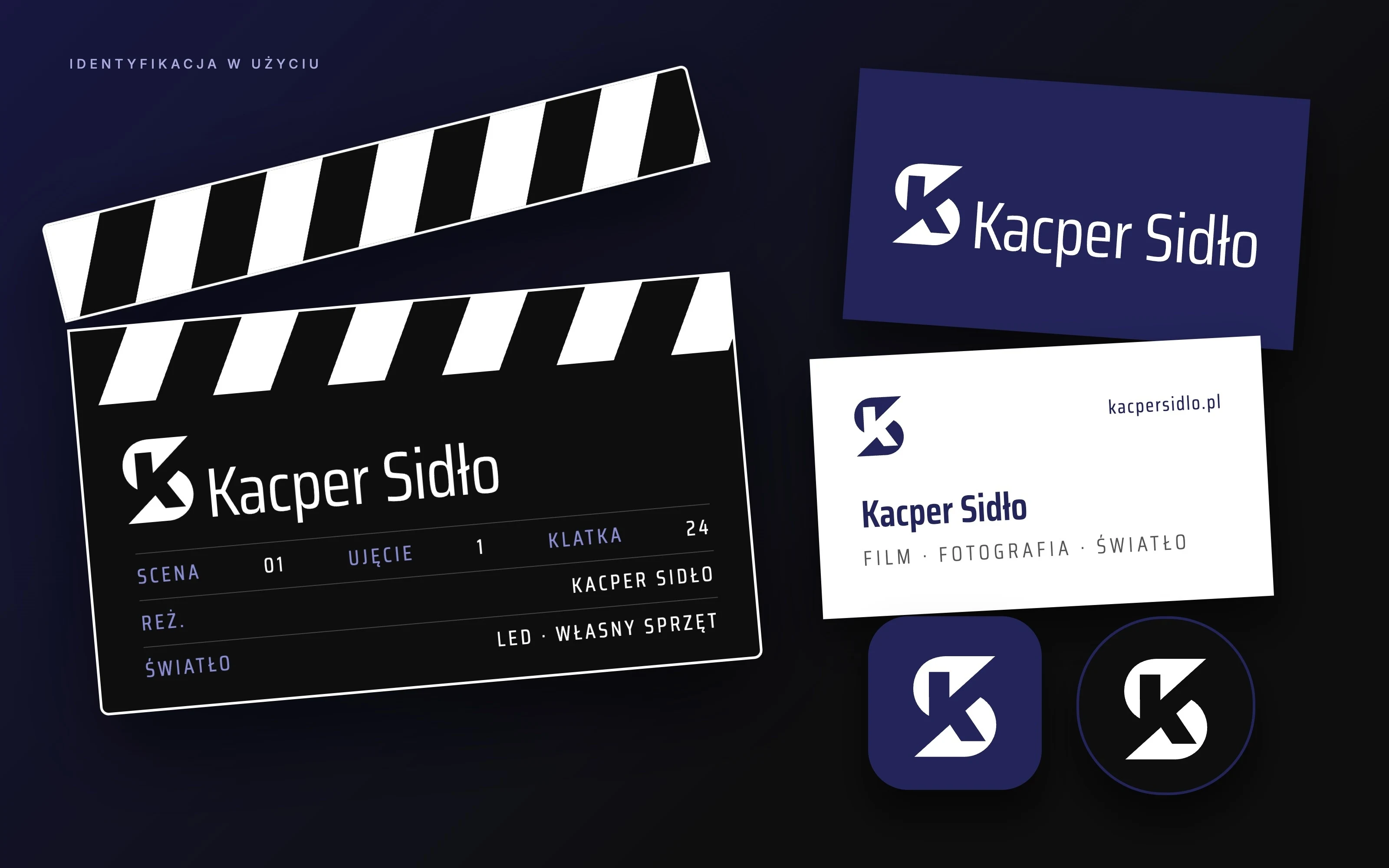 Kacper Sidło — l’identità in uso: un ciak con il logo, biglietti da visita, l’icona di un’app e un avatar con il sigillo