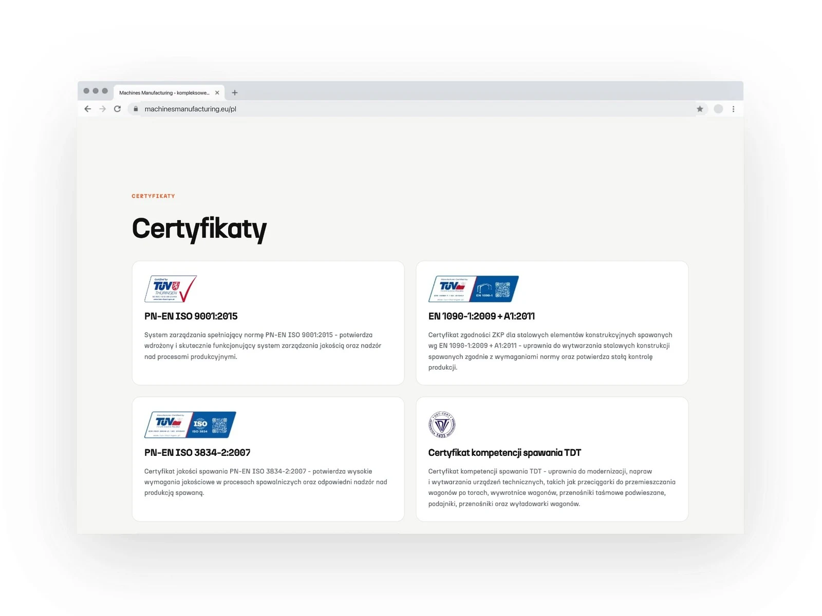 machinesmanufacturing.eu — projekt strony internetowej, mockup przegladarka