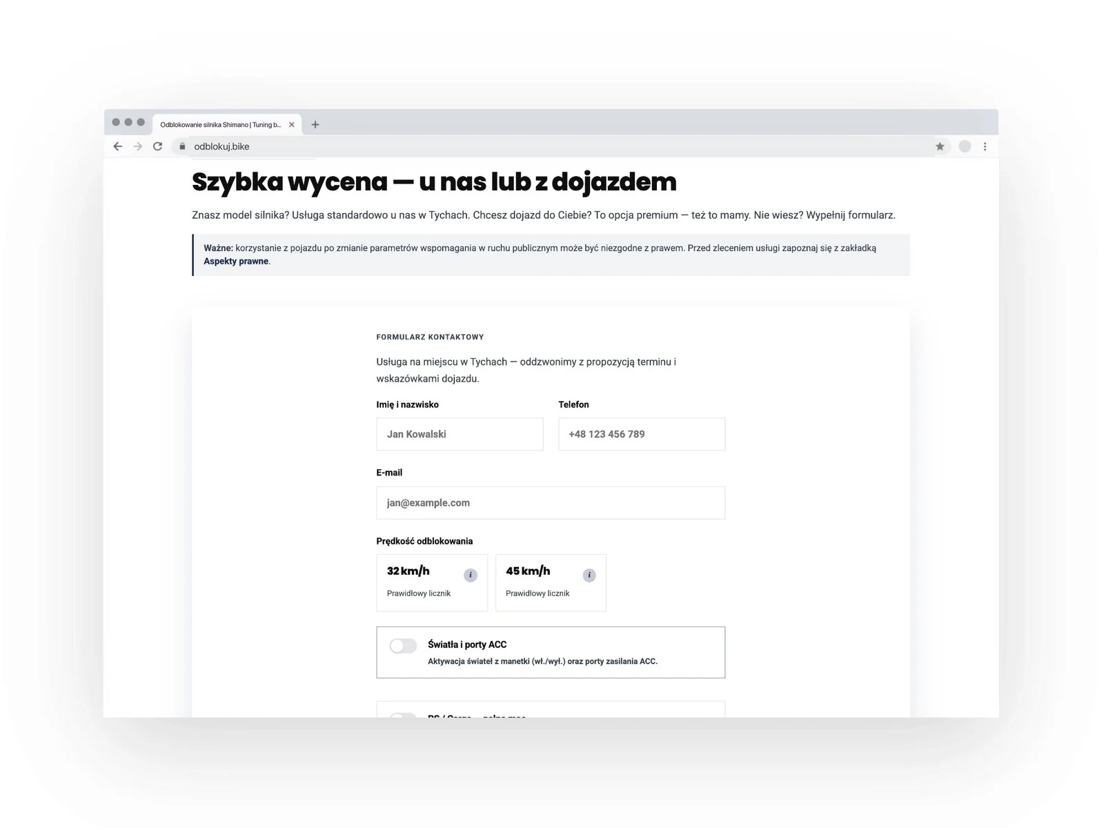 odblokuj.bike — formularz zgłoszenia z wyborem prędkości odblokowania — wersja desktop