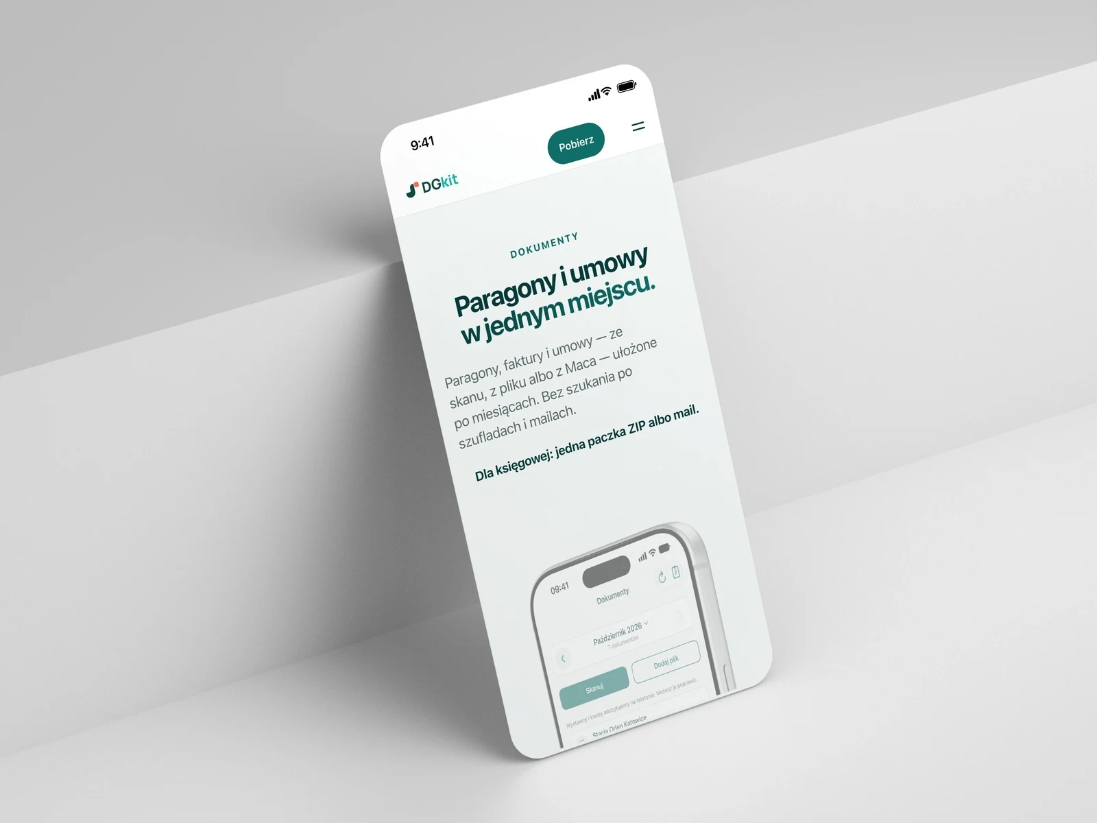 Strona jdgkit.pl na iPhonie — sekcja „Paragony i umowy w jednym miejscu”