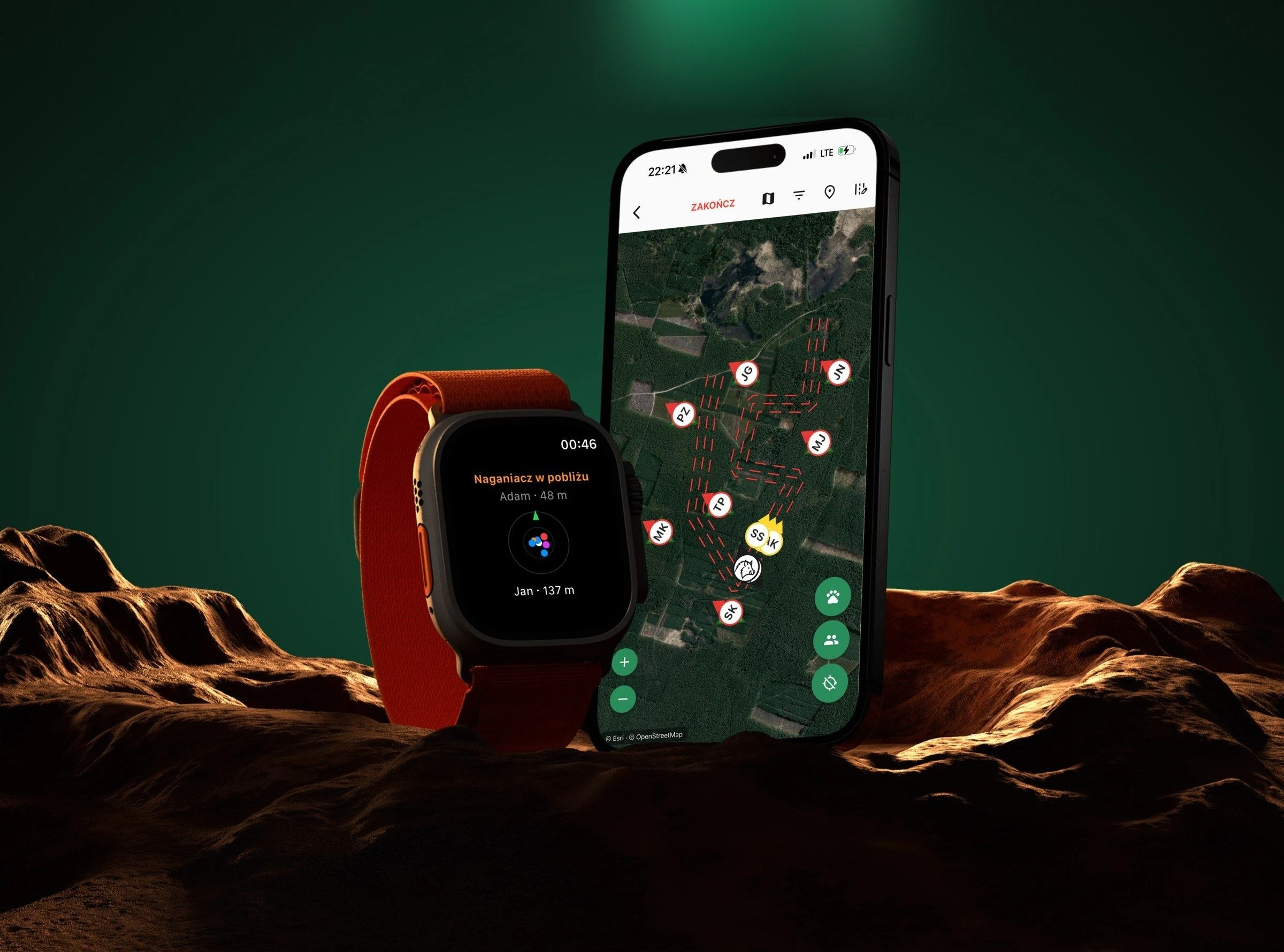 Apple Watch z alertem „Naganiacz w pobliżu” obok iPhone’a z mapą pędzenia w aplikacji Naganiacze