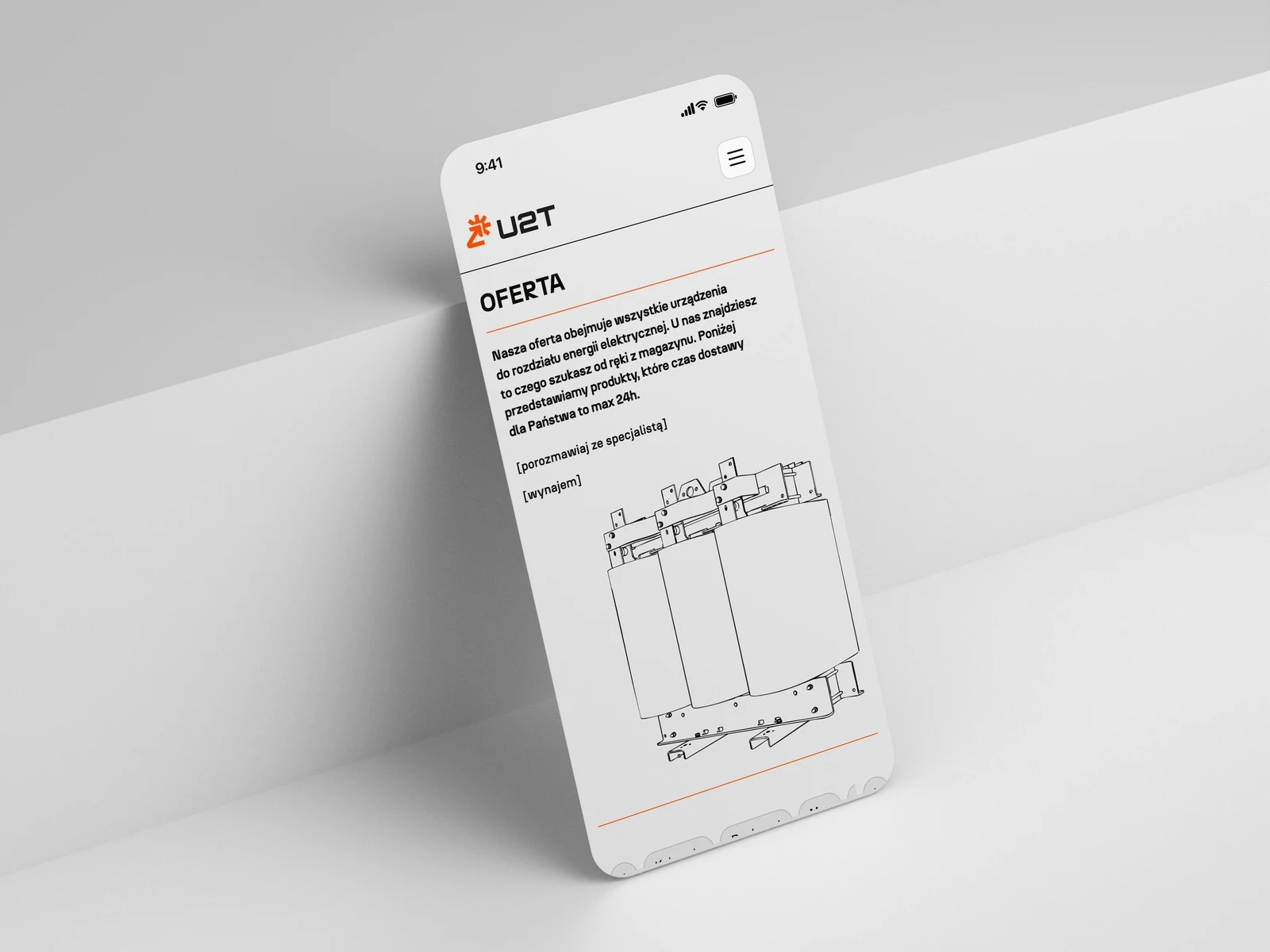 u2t.pl — nagłówek oferty z rysunkiem transformatora na telefonie