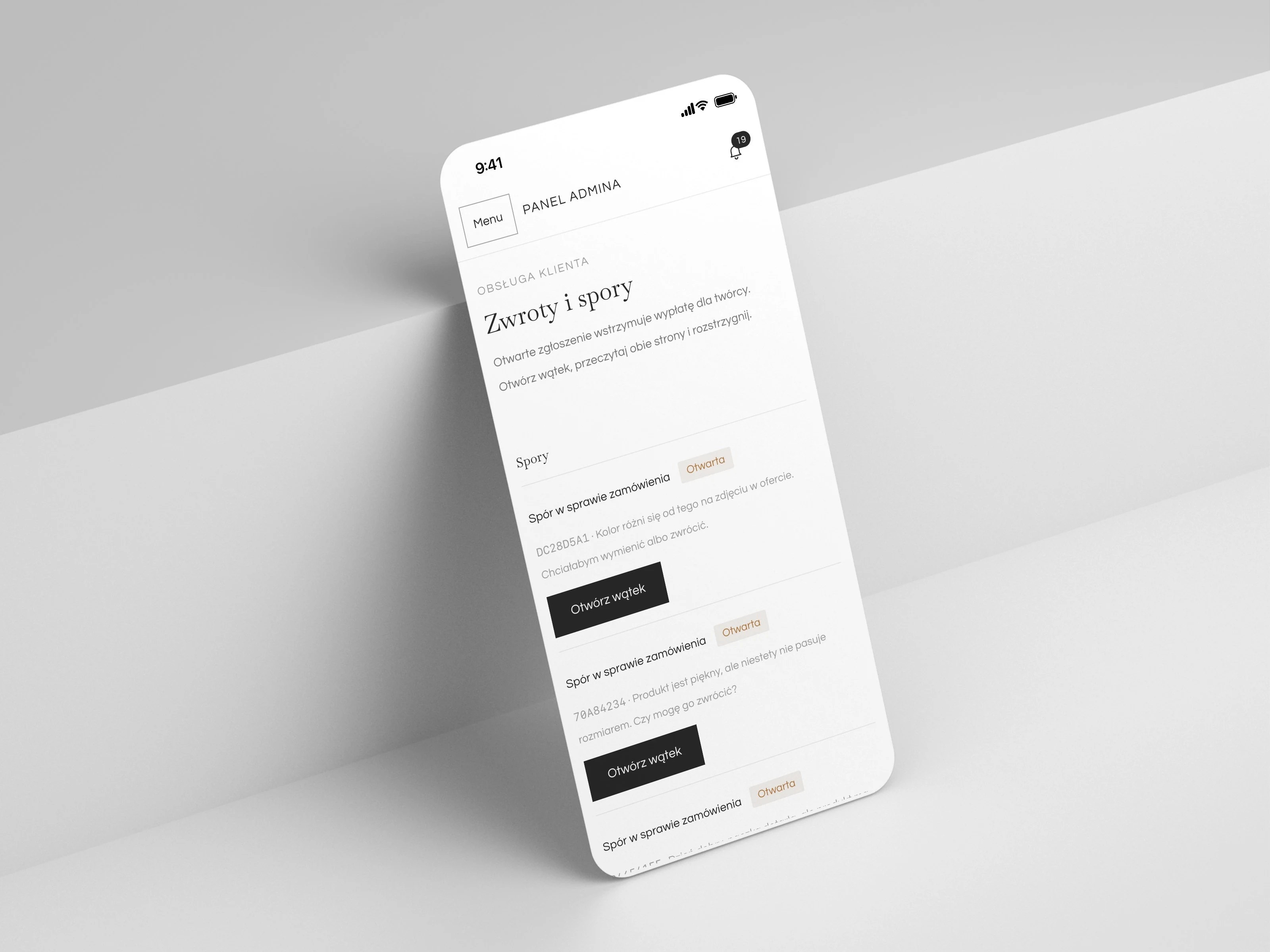 The Slightly admin panel on an iPhone: the list of buyer cases to resolve