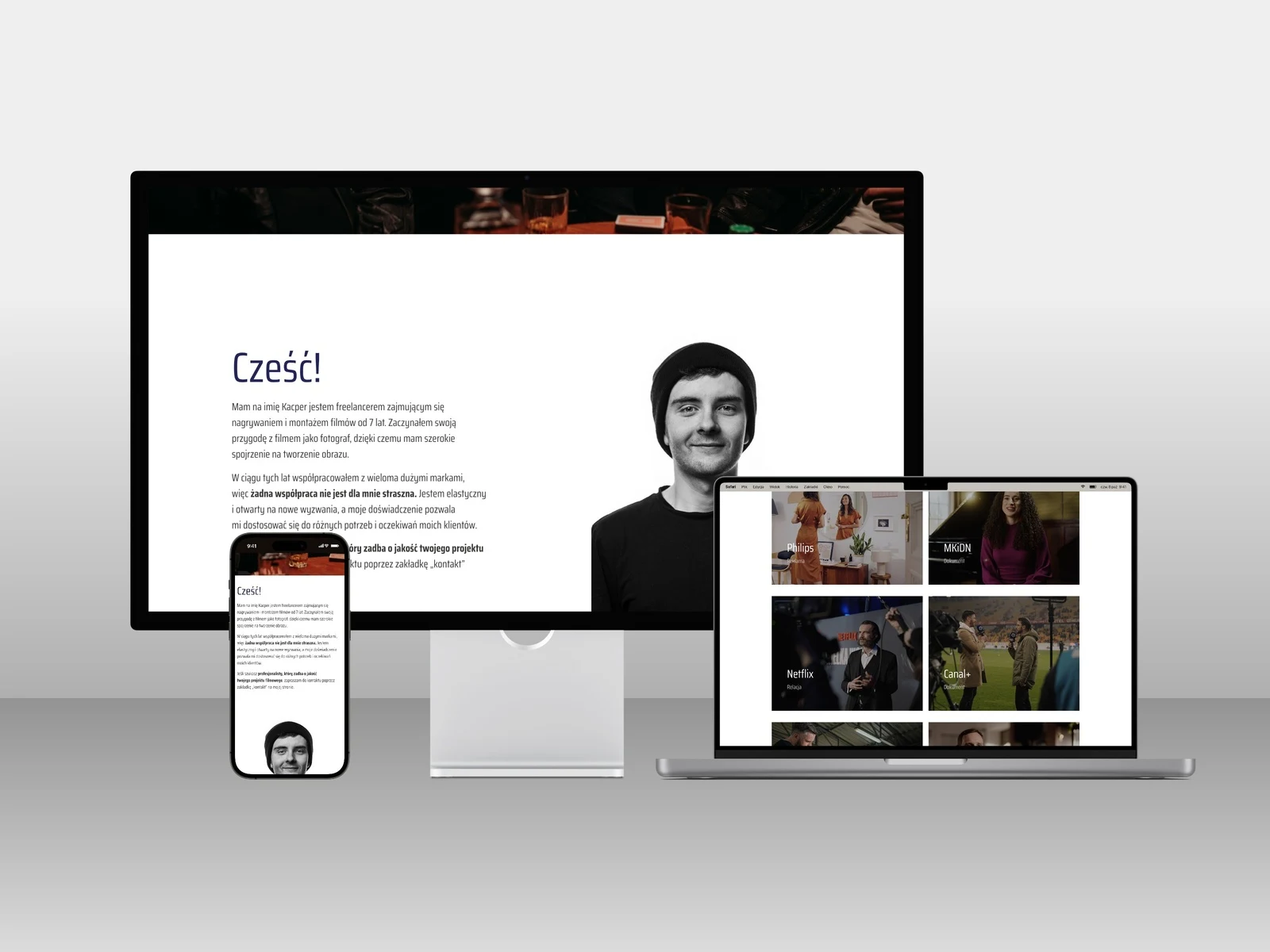 Kacper Sidło — le sezioni «Ciao!» e portfolio su iMac, MacBook e iPhone