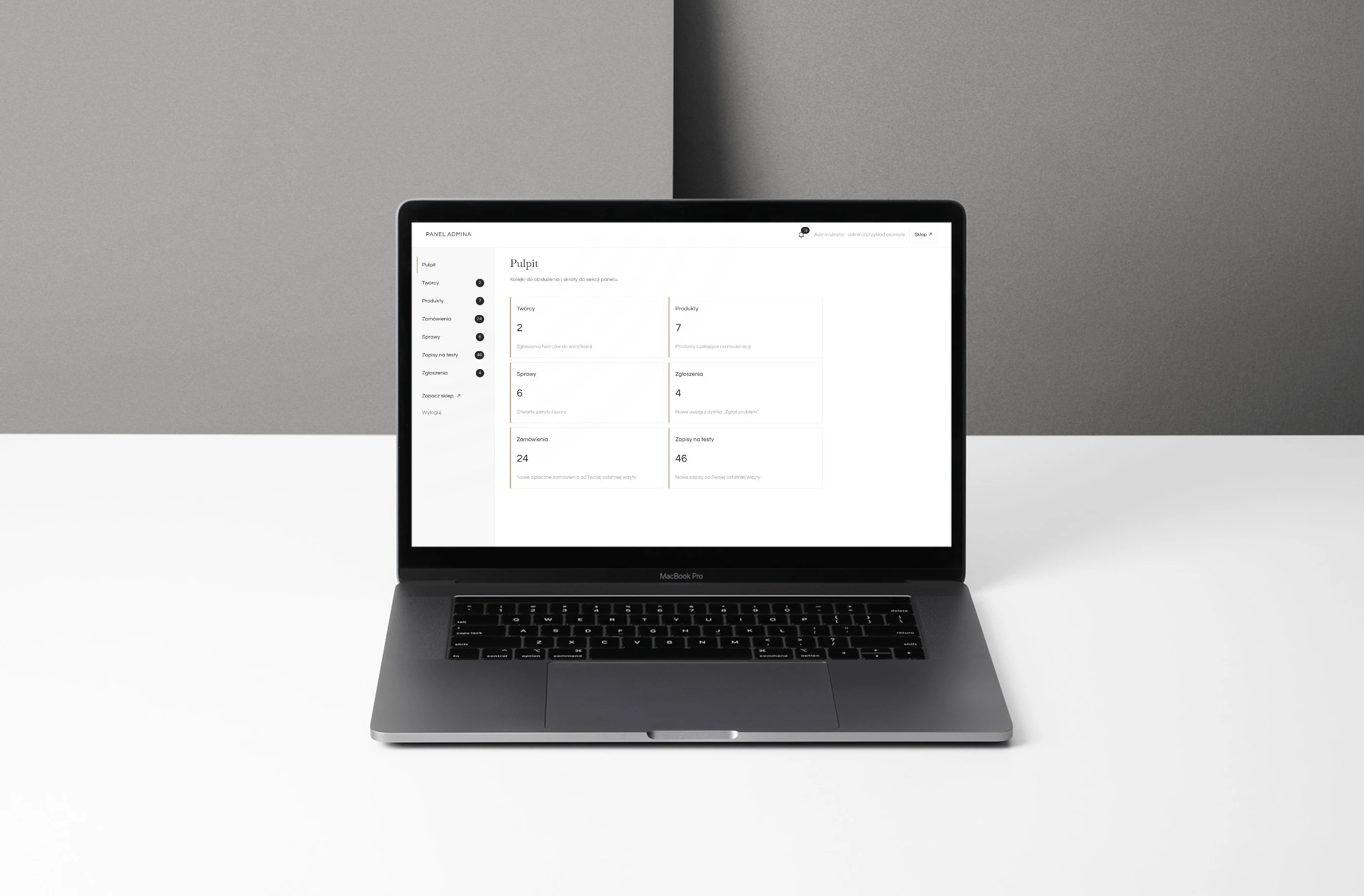 The Slightly admin panel on a MacBook: a dashboard with queues of makers, products and cases to handle