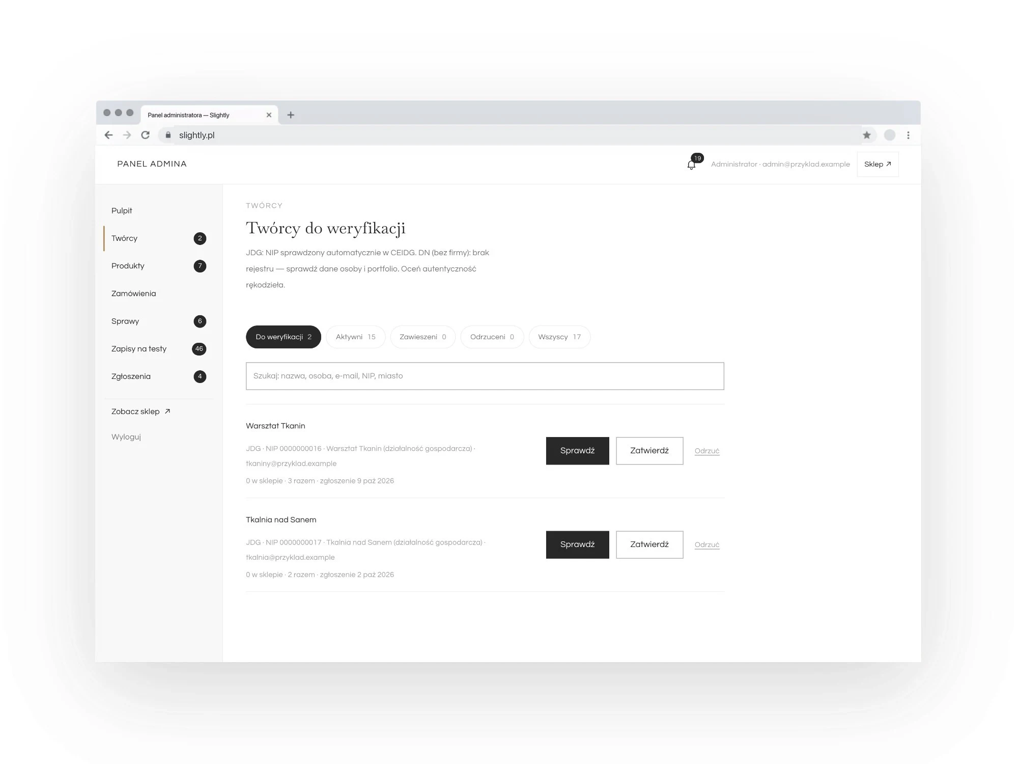 The Slightly admin panel in a browser: the queue of new makers awaiting verification