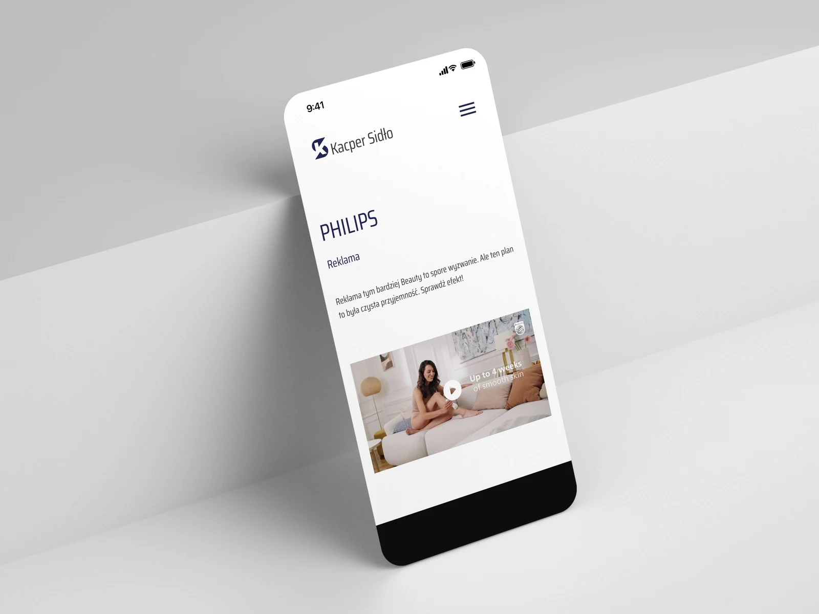 Kacper Sidło — la sottopagina di uno spot pubblicitario su un iPhone