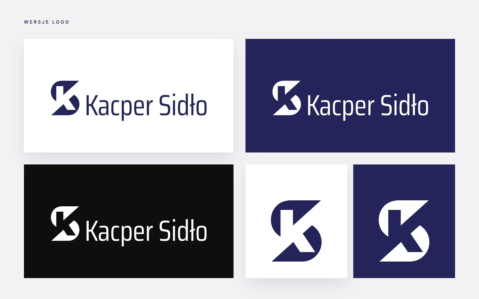 Kacper Sidło — versioni di logo e sigillo: blu notte su bianco, bianco su blu notte e su nero