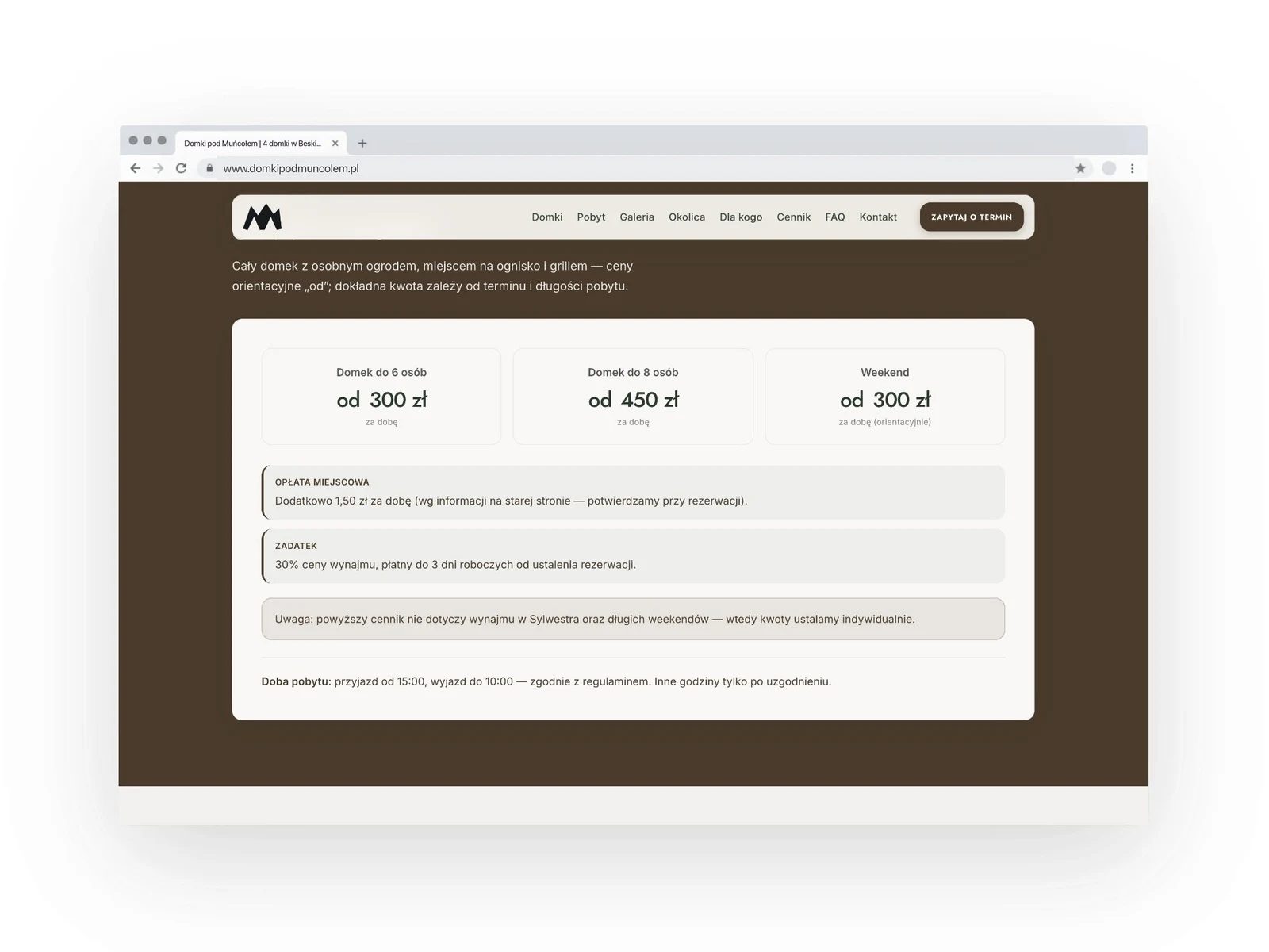 domkipodmuncolem.pl — projekt strony internetowej, mockup przegladarka