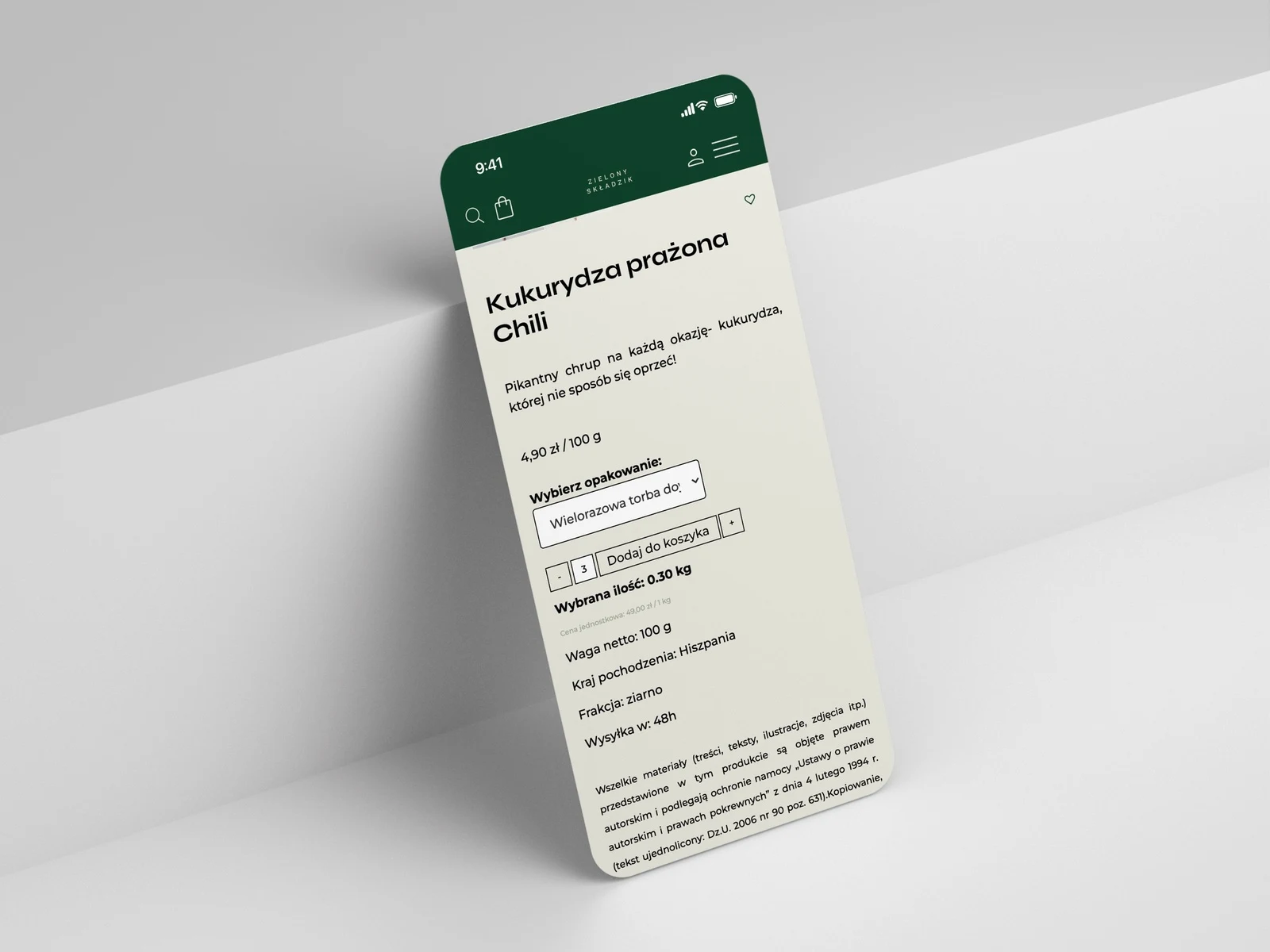 Zielony Składzik — karta produktu na iPhonie z wyborem opakowania i ilością w kilogramach
