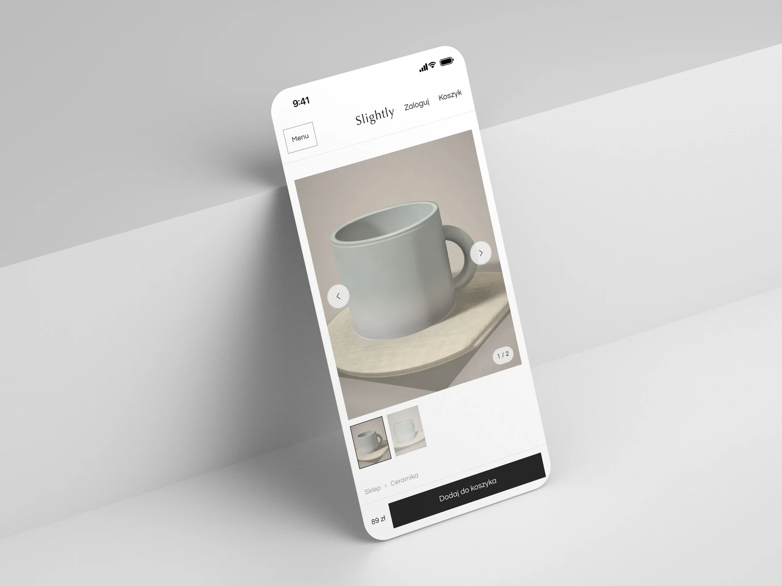 Karta produktu Slightly na iPhonie: zdjęcie kubka, przyciski galerii i przycisk „Dodaj do koszyka”