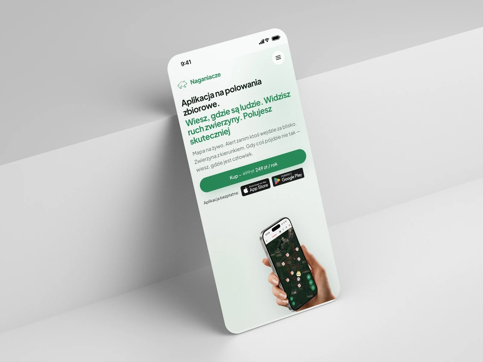 Mobilna wersja strony naganiacze.app na iPhonie: hasło główne i przyciski App Store oraz Google Play
