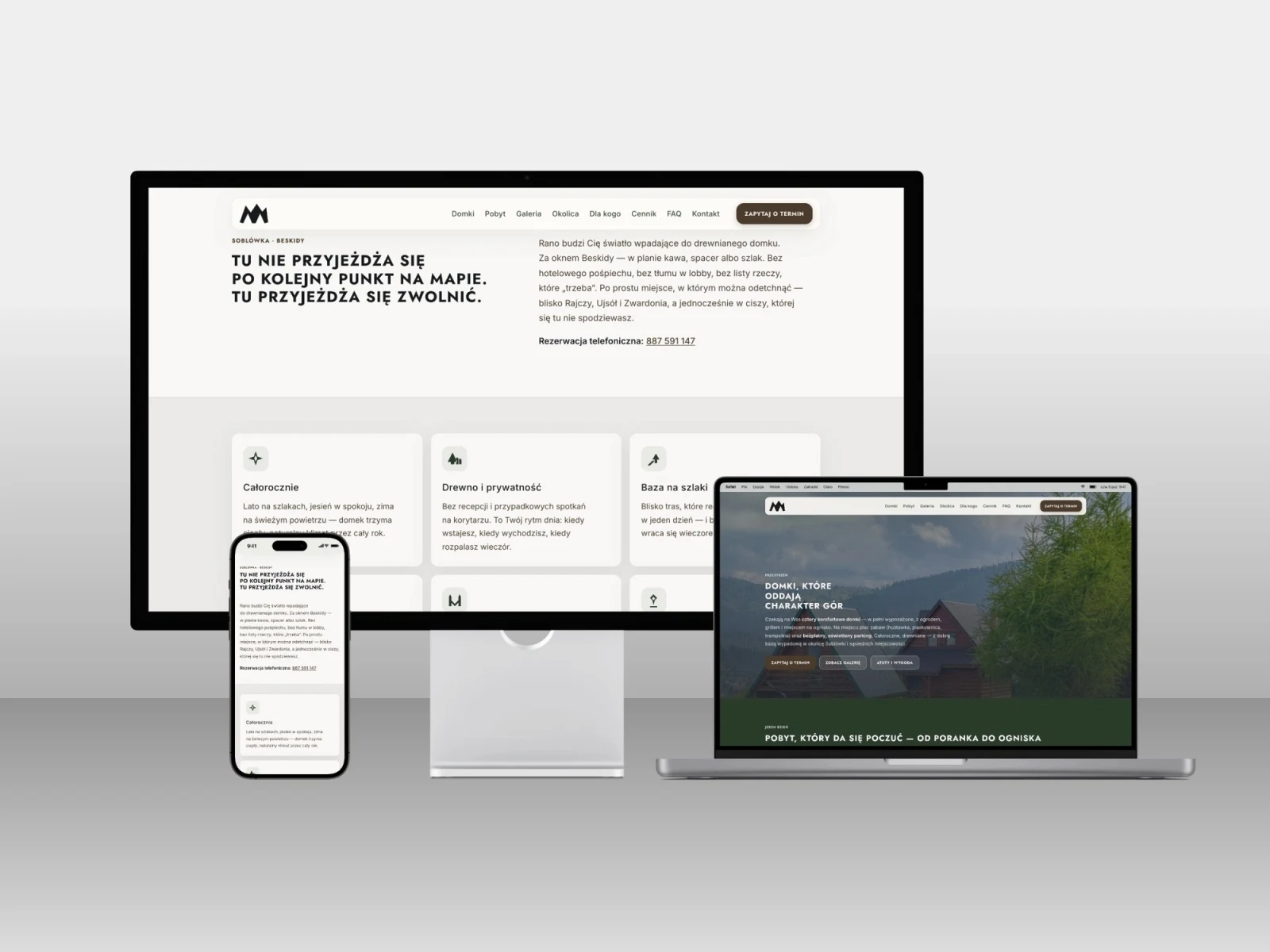 domkipodmuncolem.pl — projekt strony internetowej, mockup zestaw imac macbook iphone