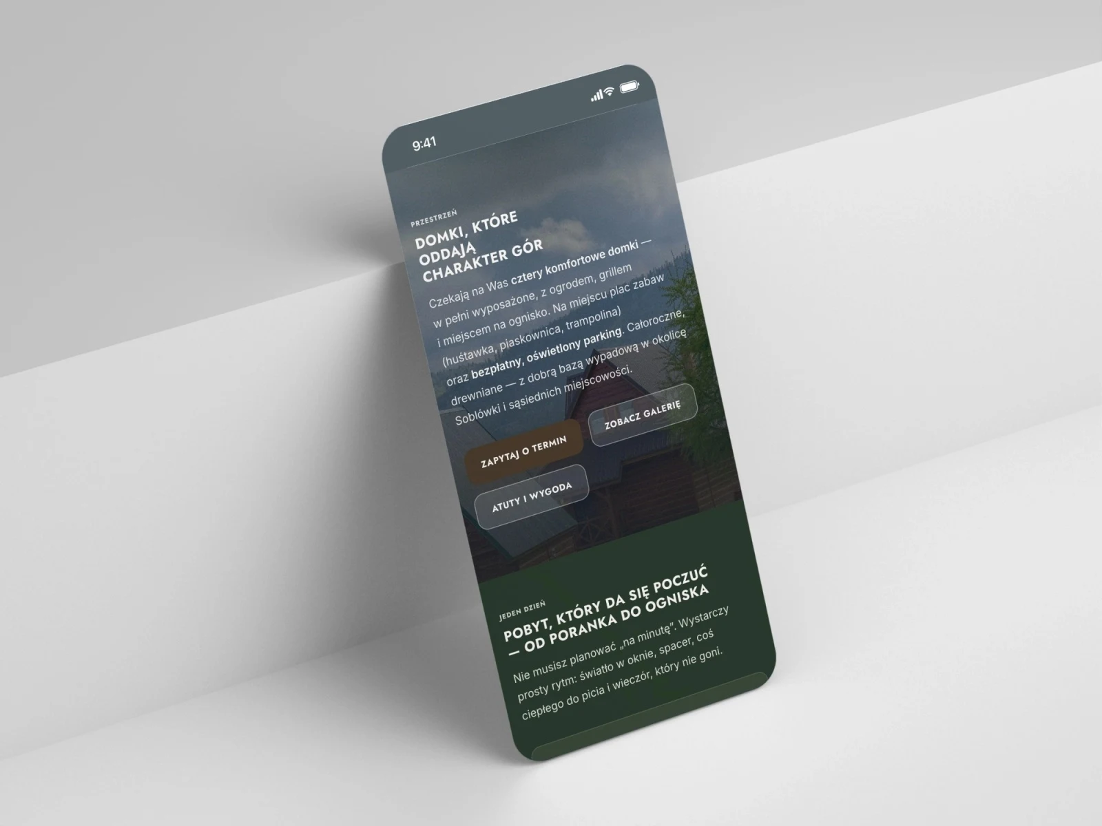 domkipodmuncolem.pl — projekt strony internetowej, mockup telefon scena schodek