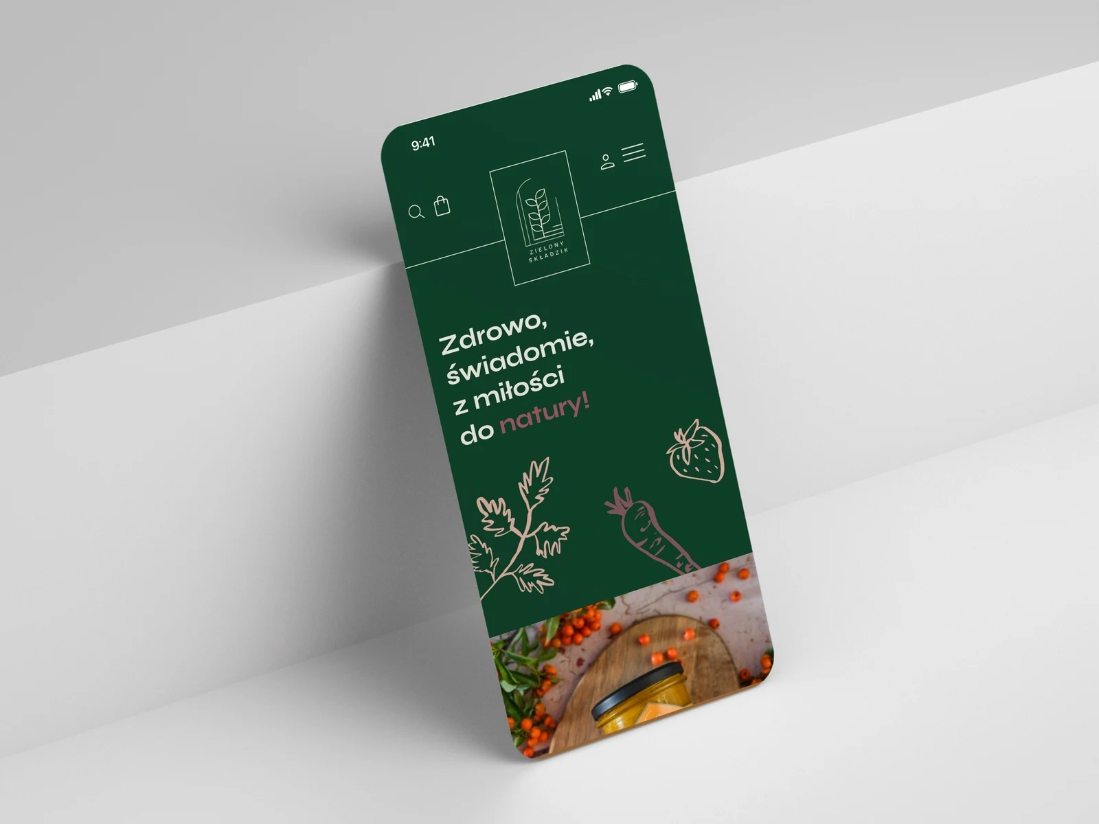 Zielony Składzik — strona główna sklepu w wersji mobilnej na iPhonie, zielone tło z liniowymi ilustracjami warzyw