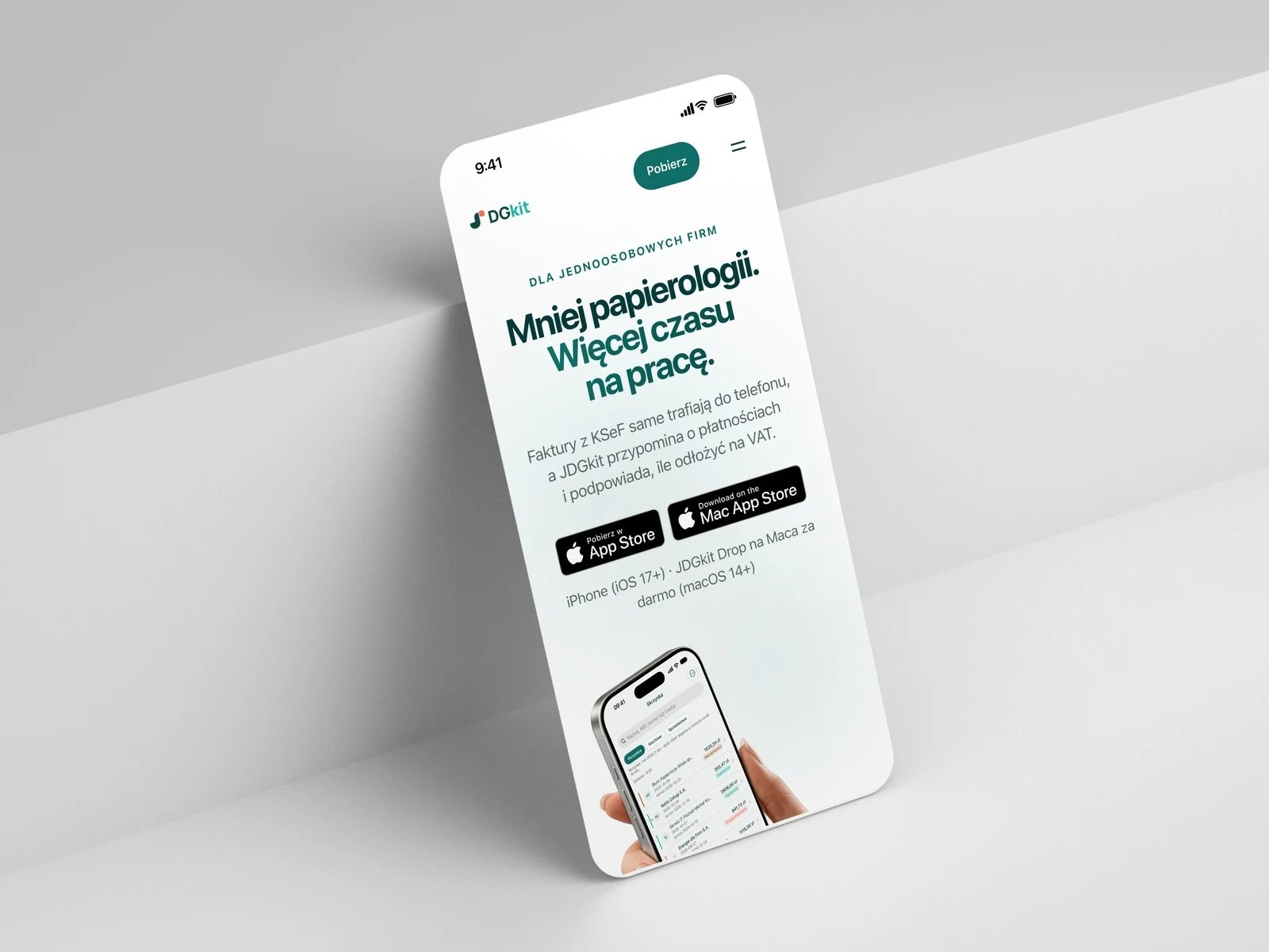 Strona jdgkit.pl w wersji mobilnej na iPhonie — pierwszy ekran z odznakami App Store i Mac App Store