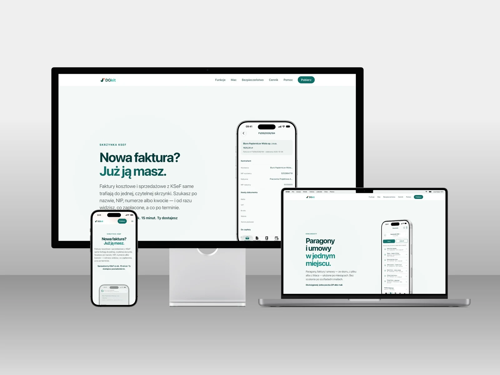 Strona jdgkit.pl na iMacu, MacBooku i iPhonie — sekcje skrzynki KSeF i dokumentów