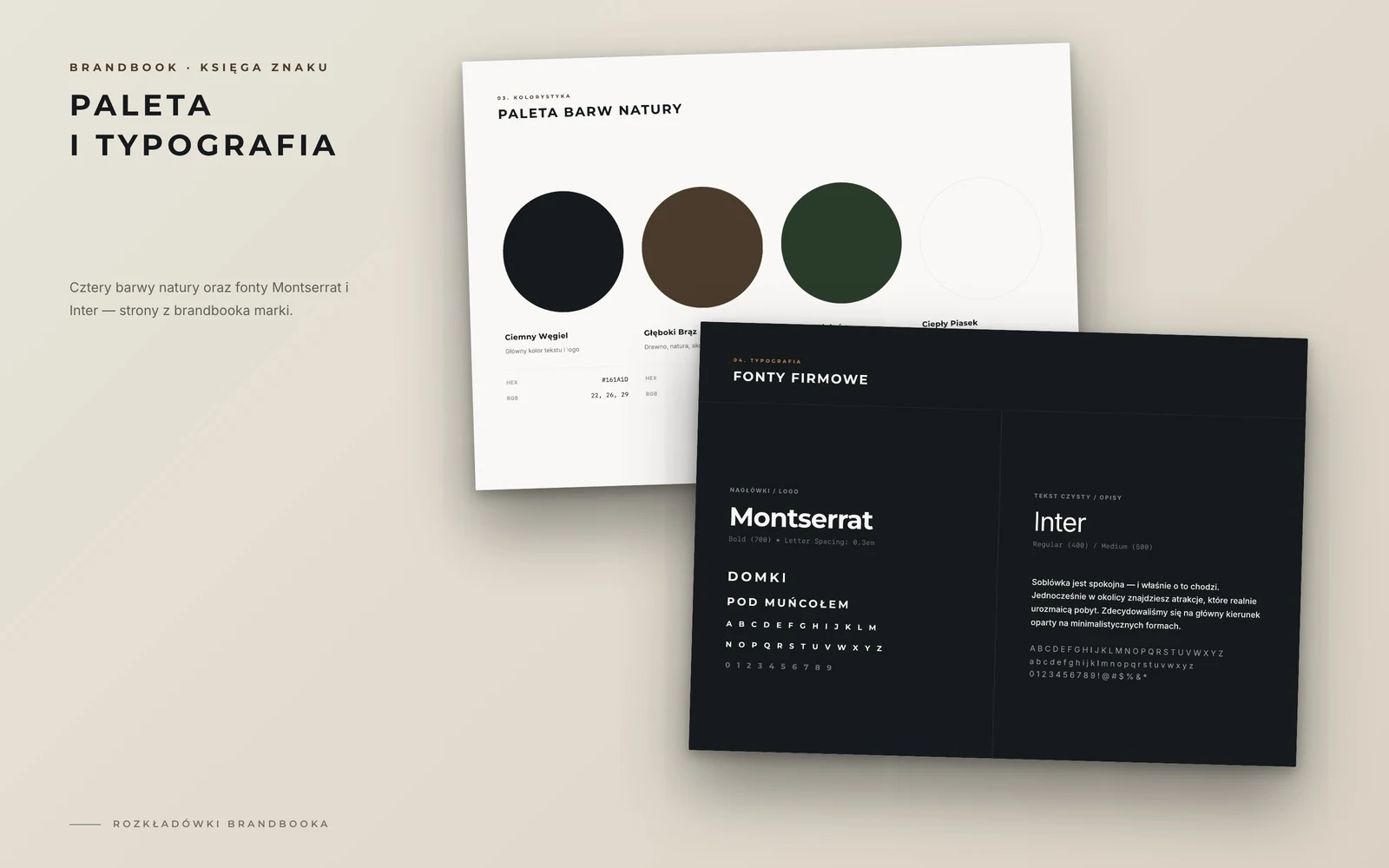Brandbook Domki pod Muńcołem: strony z paletą kolorów i typografią Montserrat oraz Inter