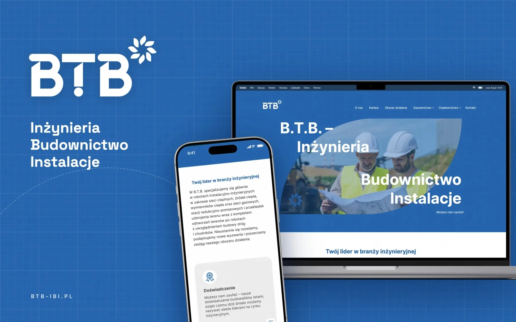 MacBook i iPhone ze stroną firmy B.T.B. (ciepłownictwo, gazownictwo) na niebieskim rysunku technicznym z siatką