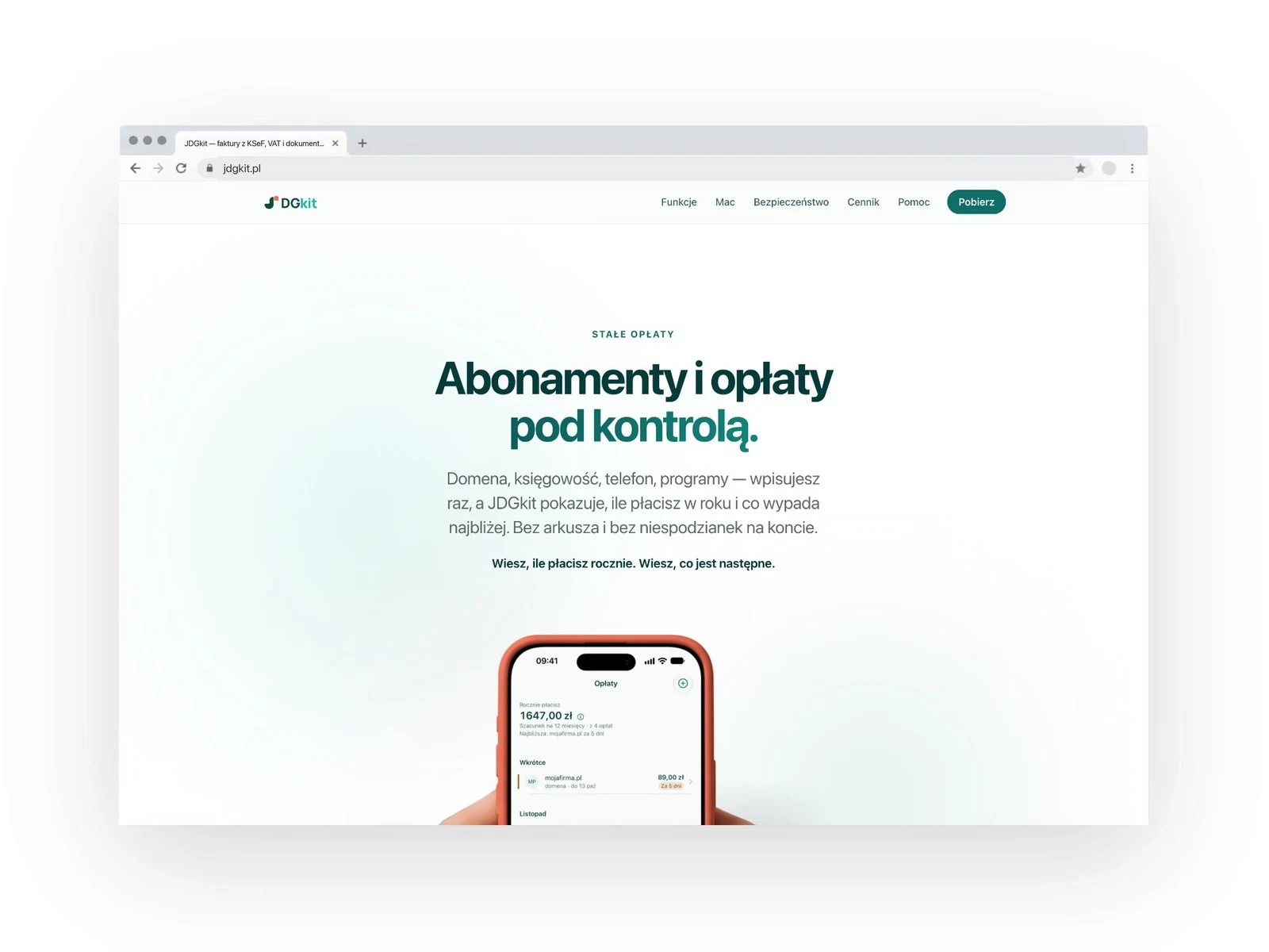 Strona jdgkit.pl w przeglądarce — sekcja „Abonamenty i opłaty pod kontrolą”