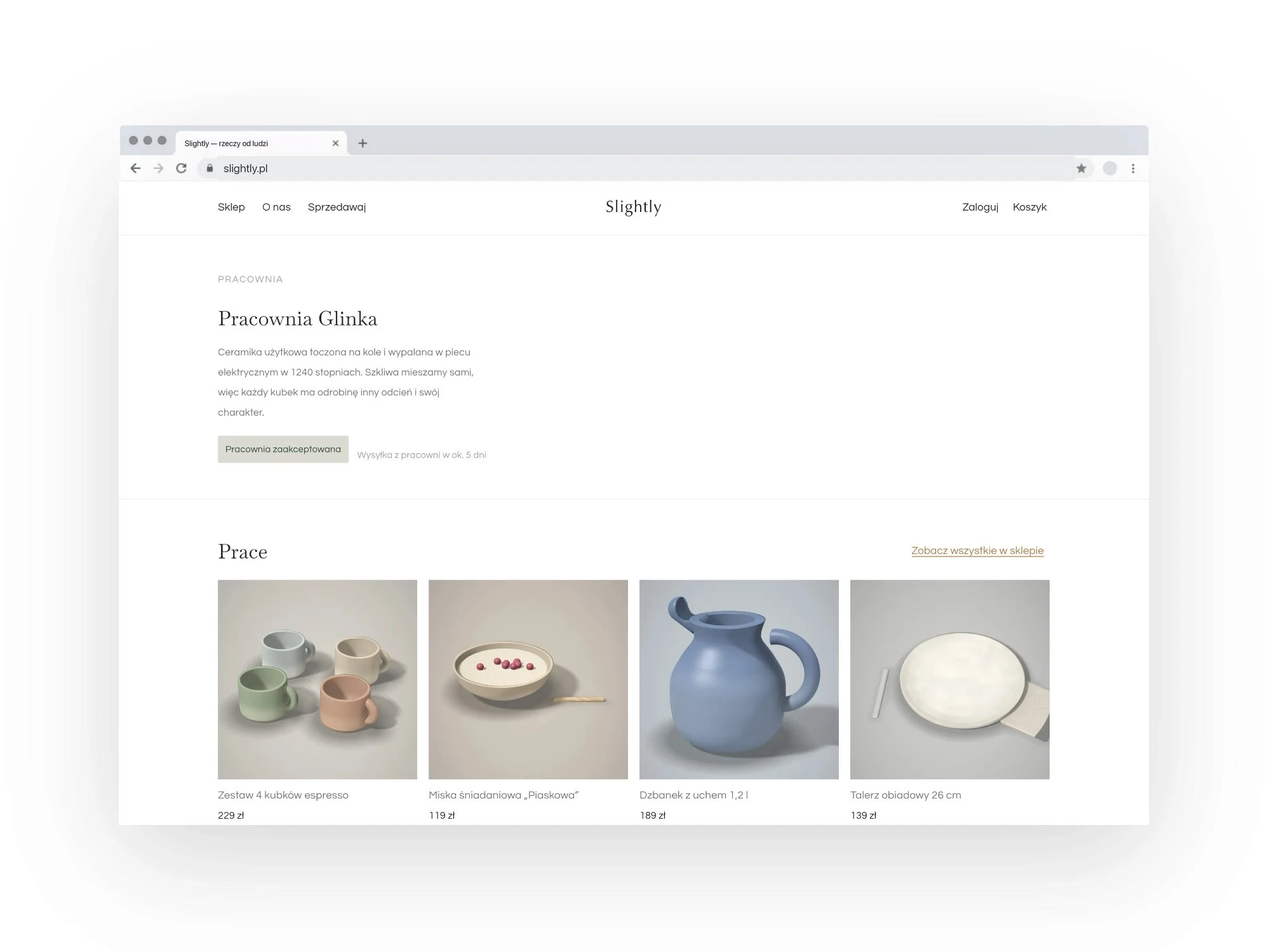 A studio page in the Slightly shop: the ceramicist's profile and a grid of their work, shown in a browser