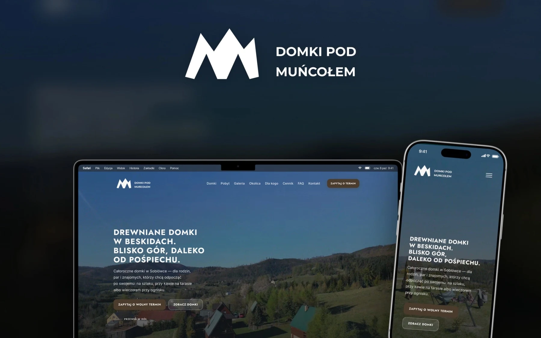 MacBook i iPhone ze stroną drewnianych domków na wynajem w Beskidach na tle rozmytego zdjęcia gór i logo