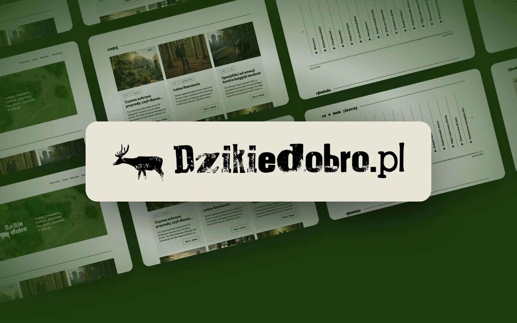 Mozaika podstron portalu Dzikie Dobro o łowiectwie, lesie i przyrodzie na leśnozielonym tle z logo marki