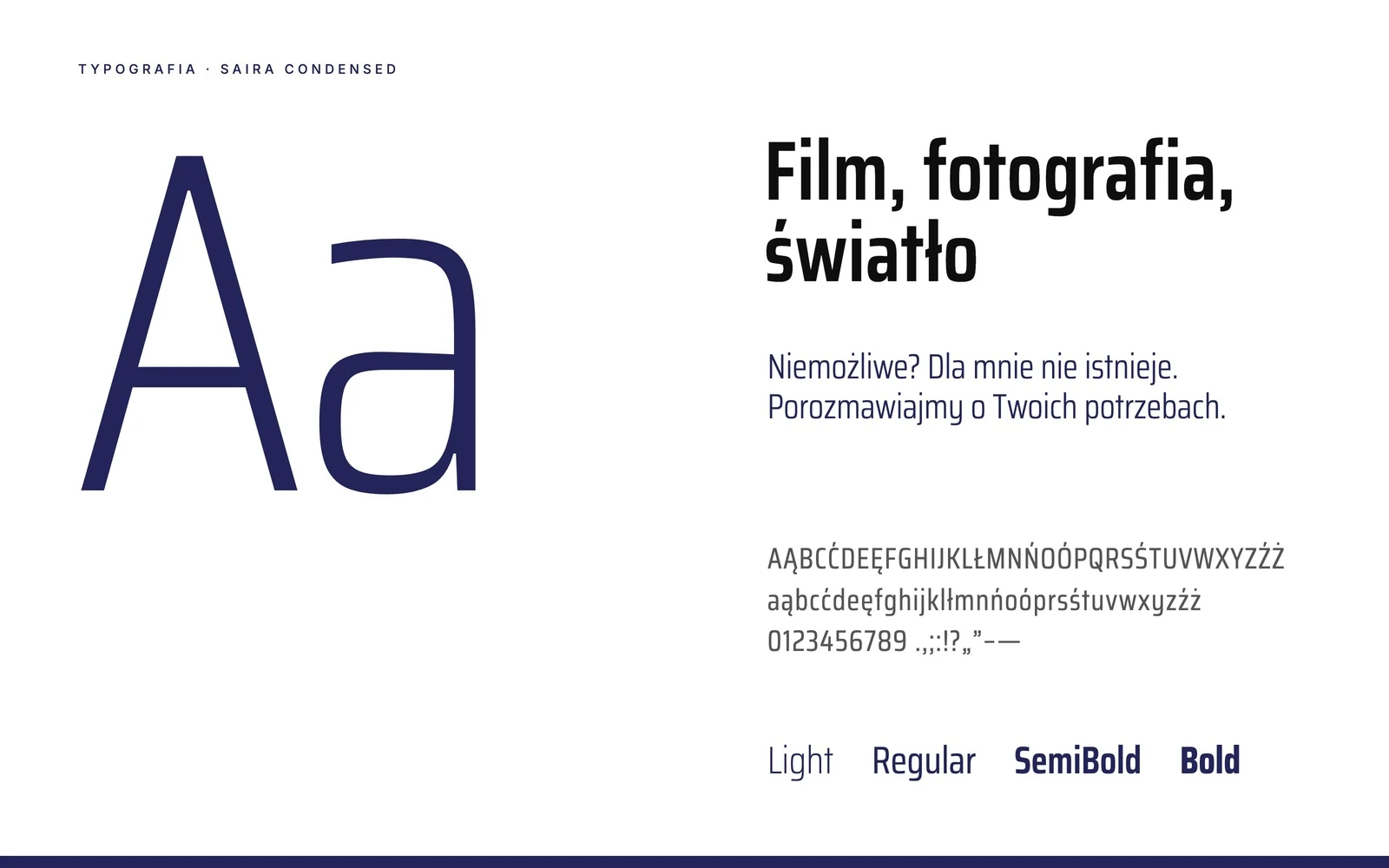 Kacper Sidło — tipografia del marchio: il carattere Saira Condensed, una grande «Aa», uno slogan e un alfabeto con caratteri polacchi