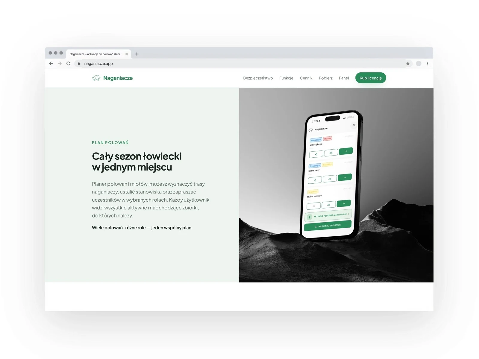 Sekcja „Cały sezon łowiecki w jednym miejscu” na stronie naganiacze.app w oknie przeglądarki