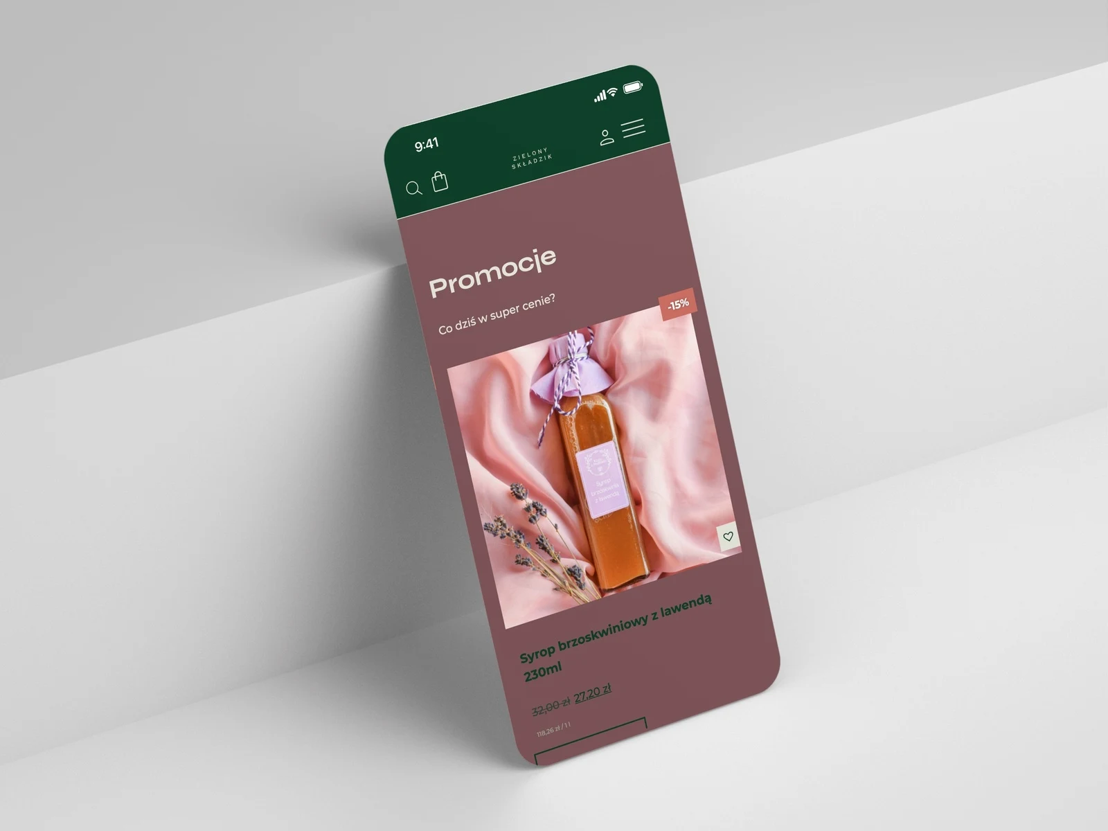 Zielony Składzik — sekcja Promocje na iPhonie: syrop brzoskwiniowy z lawendą w obniżonej cenie