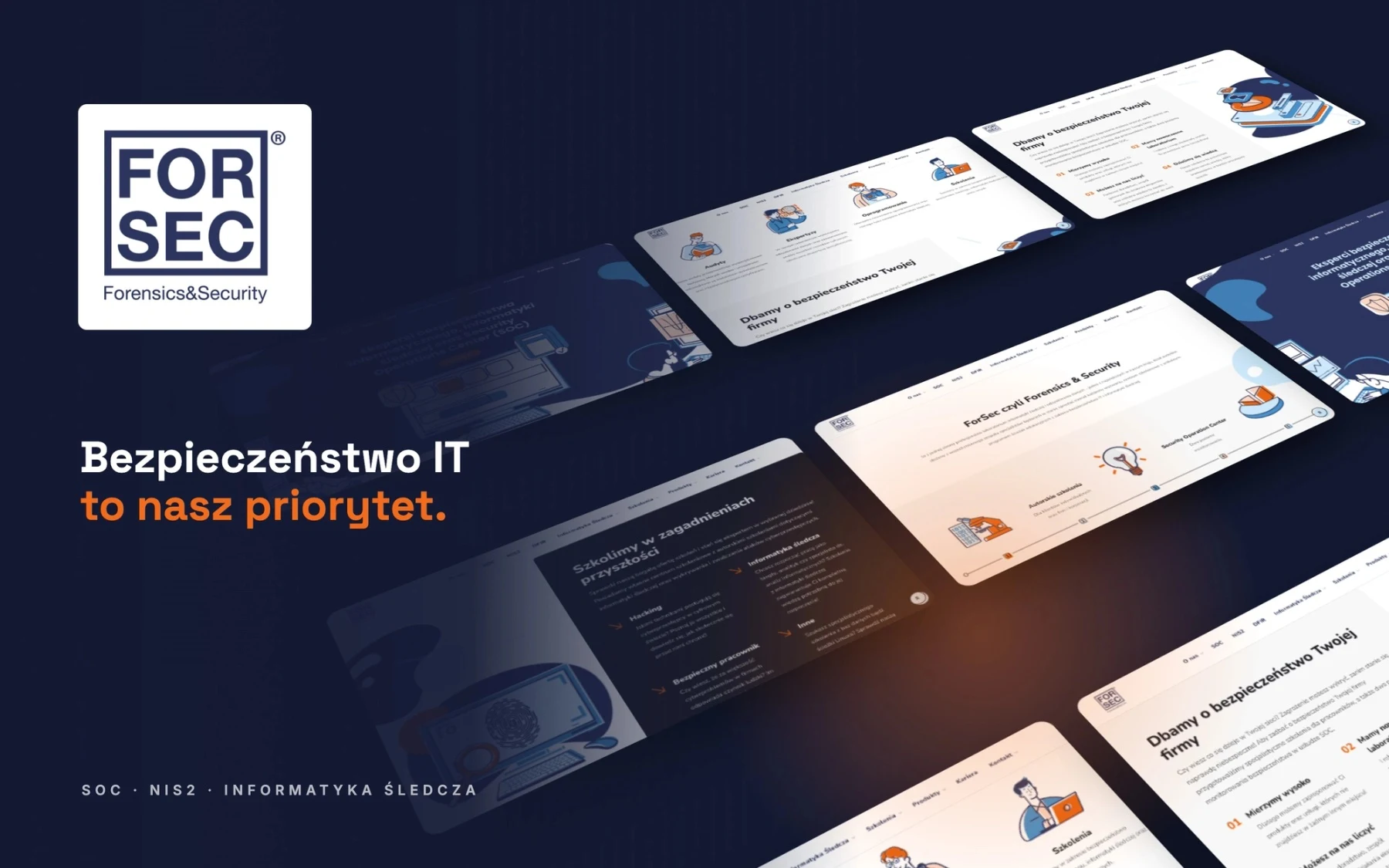 Podstrony serwisu ForSec o cyberbezpieczeństwie w 3D na ciemnogranatowym tle z pomarańczową poświatą i logo