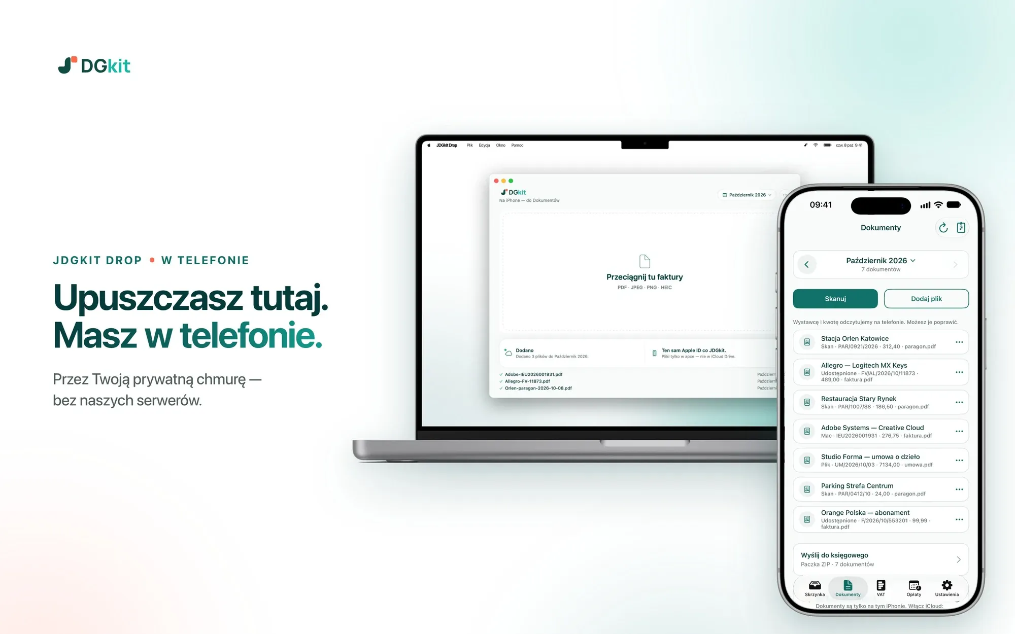 Aplikacja JDGkit Drop na MacBooku obok iPhone'a z JDGkit