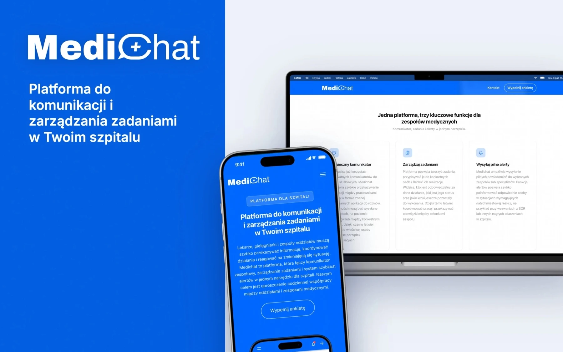 MacBook i iPhone ze stroną MediChat, platformy komunikacji w szpitalu, na niebieskim panelu z logo marki