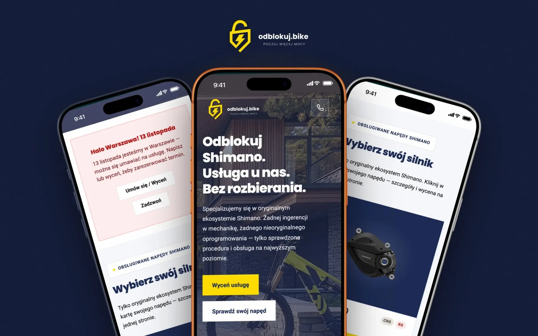 Trzy iPhone'y w wachlarzu ze stroną serwisu odblokowania e-bike Shimano na granatowym tle z żółtą poświatą