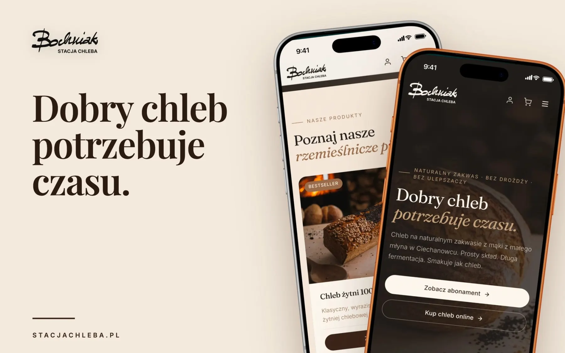 Dwa iPhone'y ze sklepem online piekarni rzemieślniczej Stacja Chleba na kremowym tle z hasłem o dobrym chlebie