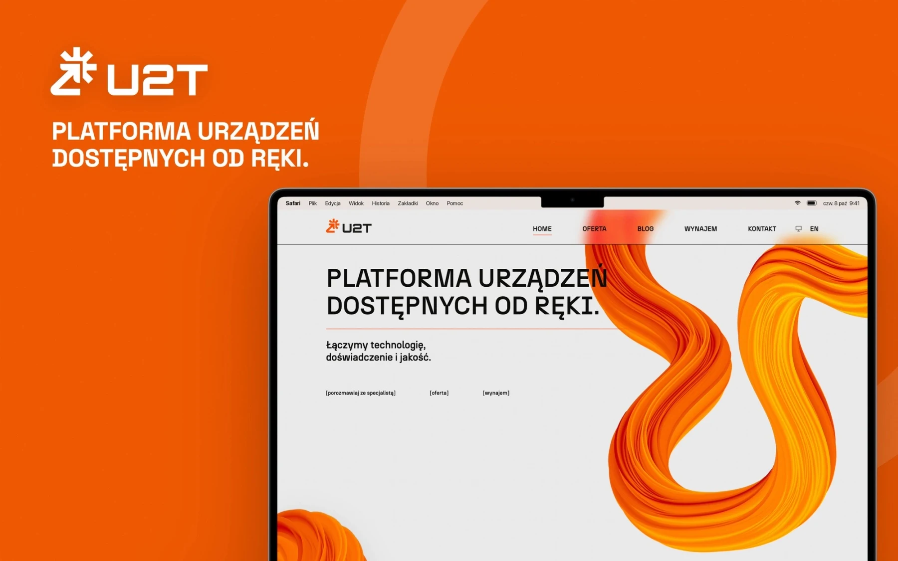 MacBook ze stroną B2B u2t.pl z katalogiem transformatorów na pomarańczowym tle z logo U2T i hasłem platformy