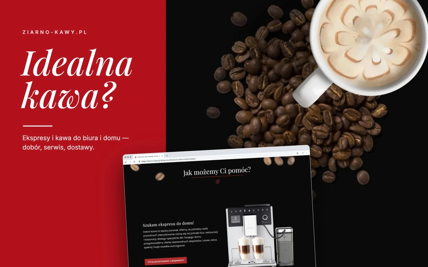 Okno przeglądarki z landing page o ekspresach do kawy dla biura i domu oraz zdjęcie latte na czerwono-czarnym tle