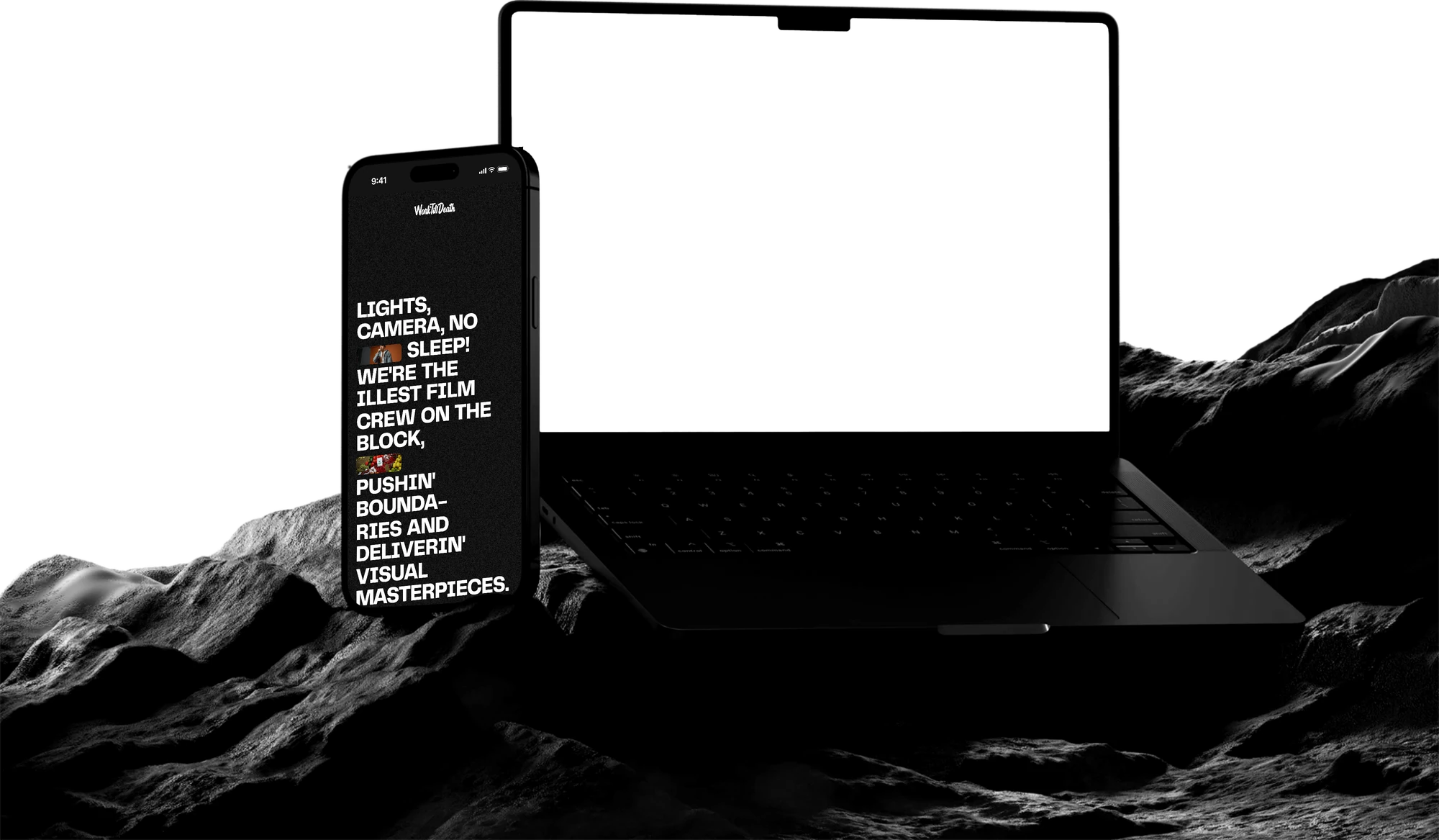 Laptop ze stroną główną i telefon ze stroną About Work Till Death