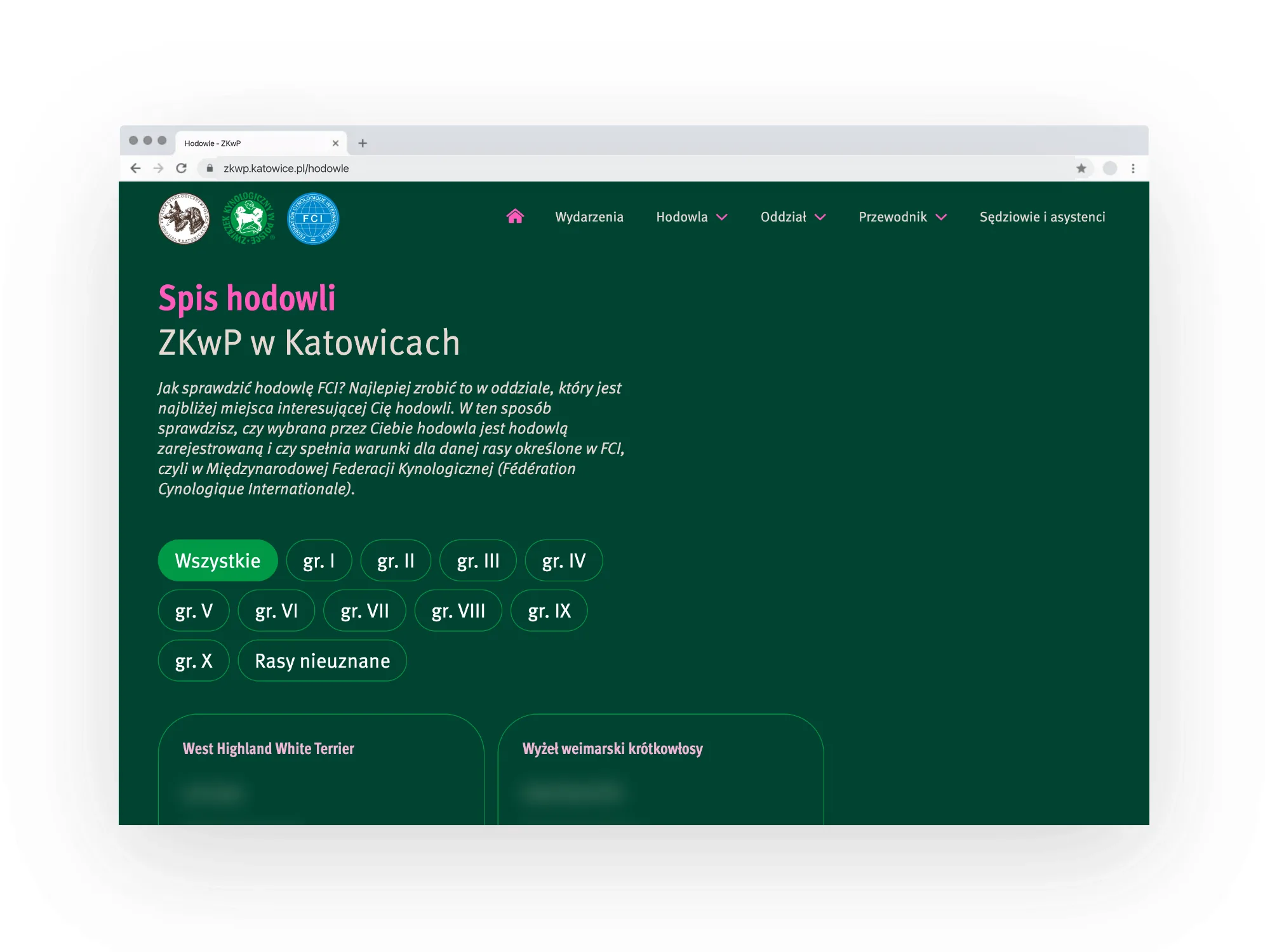 Spis hodowli z filtrem grup FCI w przeglądarce